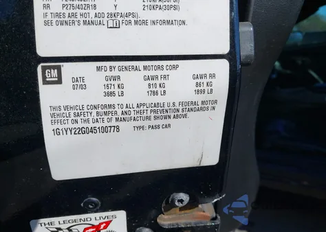 2004 Chevrolet Corvette from USA, damaged, VIN 1G1YY22G045100778